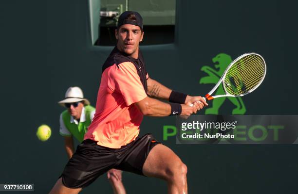 Thanasi Kokkinakis, in action against Roger Federer, from Swizterland, during his second round match at the Miami Open. On March 24, 2018 in Key...