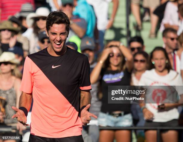Thanasi Kokkinakis expressing his joy after defeting Roger Federer at the Miami Open in Key biscayne. Kokkinakis defeated Federer 3-6, 6-6, 7-6 on...