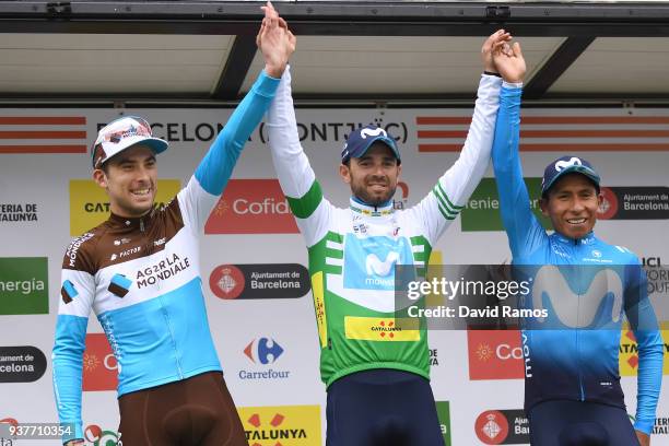 Podium / Alejandro Valverde Belmonte of Spain and Team Movistar White Leader Jersey / Nairo Quintana of Colombia and Team Movistar / Pierre Latour of...