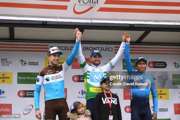 Podium / Alejandro Valverde Belmonte of Spain and Team Movistar White Leader Jersey / Nairo Quintana of Colombia and Team Movistar / Pierre Latour of...