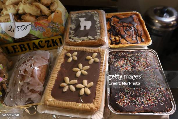 Traditional Polish Easter cakes ' Mazurek ' are seen Pelplin, Poland on 25 March 2018 People attend the Easter market during the Palm Sunday in the...