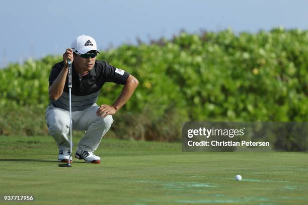 Seungsu Han lines up a putt on the 17th green during round three of the Corales Puntacana Resort & Club Championship on March 24, 2018 in Punta Cana,...