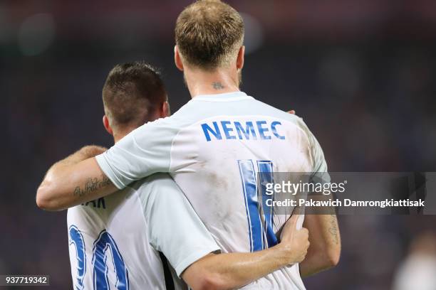 Robert Mak of Slovakia and Adam Nemec of Slovakia celebrate the goal during the international friendly match between Thailand and Slovakia at...