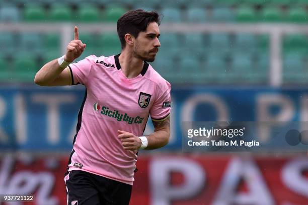 Igor Coronado of Palermo celebrates after scoring a penalty during the serie B match between US Citta di Palermo and Carpi FC at Stadio Renzo Barbera...