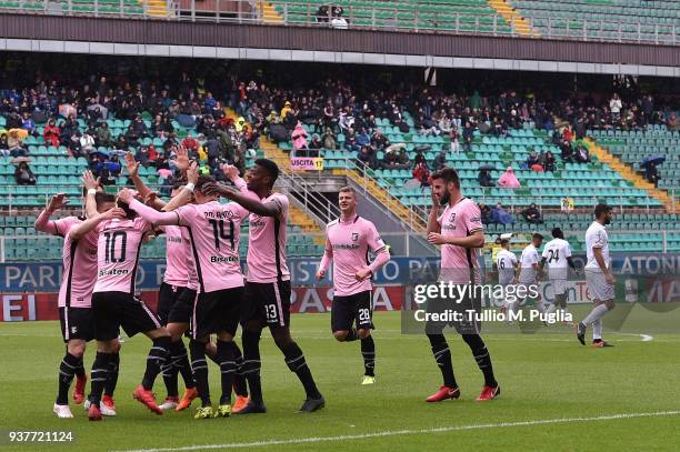 Igor Coronado of Palermo celebrates after scoring a penalty during the serie B match between US Citta di Palermo and Carpi FC at Stadio Renzo Barbera...