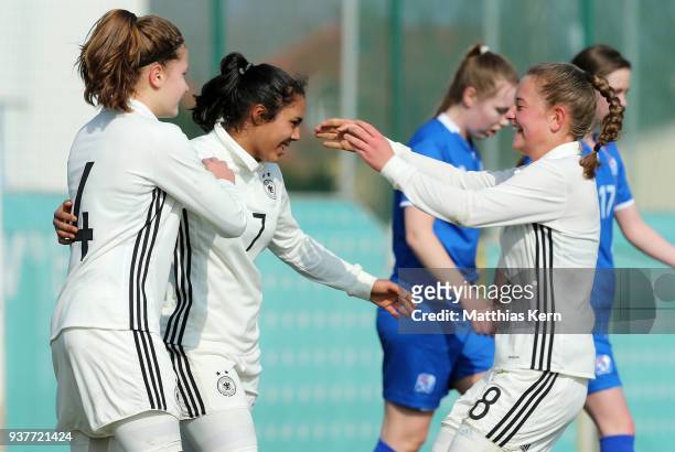 Gia Corley of Germany jubilates with team mates after scoring the first goal during the UEFA U17 Girl's European Championship Qualifier match between...