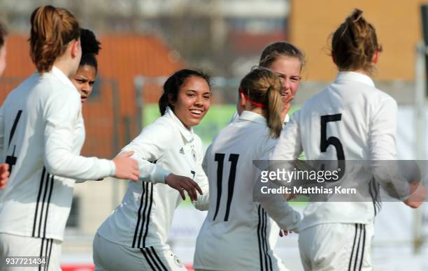 Gia Corley of Germany jubilates with team mates after scoring the first goal during the UEFA U17 Girl's European Championship Qualifier match between...