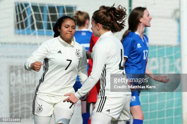 Gia Corley of Germany jubilates with team mate Emilie Bernhardt after scoring the first goal during the UEFA U17 Girl's European Championship...