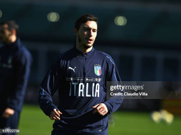 Matteo Darmian of Italy looks on during a training session at Manchester City Football Academy on March 25, 2018 in Manchester, England.