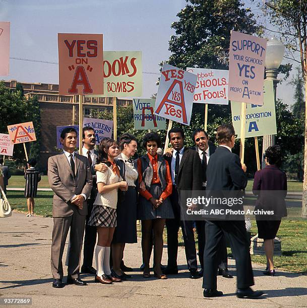 First We'll Eat, Then We'll Strike" - Season One - 10/22/69, Pictured, from left: 2 extras, Karen Valentine, guest star, Helen Kleeb, Denise...