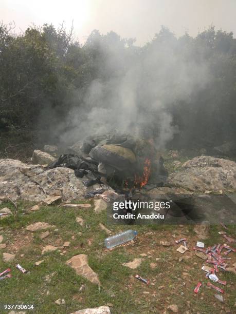 Improvised explosive devices and mines are being burnt after they were captured by Turkish Armed Forces following Turkish Armed Forces and Free...