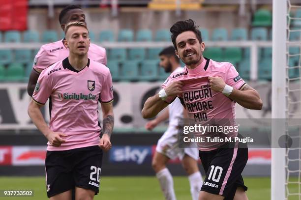 Igor Coronado of Palermo celebrates after scoring his second goal during the serie B match between US Citta di Palermo and Carpi FC at Stadio Renzo...