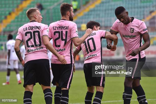 Igor Coronado of Palermo celebrates after scoring his second goal during the serie B match between US Citta di Palermo and Carpi FC at Stadio Renzo...