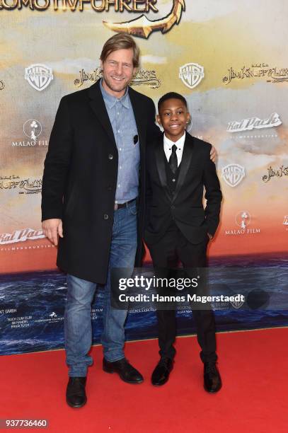 Henning Baum and Solomon Gordon attend the premiere of 'Jim Knopf und Lukas der Lokomotivfuehrer' at Mathaeser Filmpalast on March 25, 2018 in...