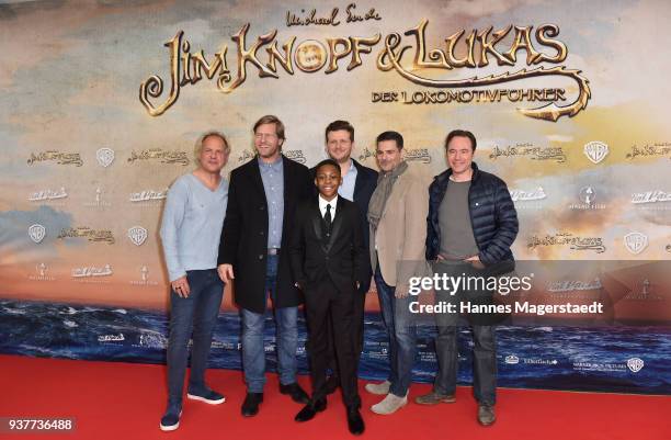 Uwe Ochsenknecht, Henning Baum, Solomon Gordon, Dennis Gansel, Rick Kavanian and Michael Bully Herbig attend the premiere of 'Jim Knopf und Lukas der...