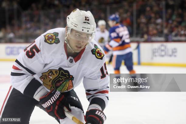 Artem Anisimov of the Chicago Blackhawks skates against the New York Islanders at the Barclays Center on March 24, 2018 in the Brooklyn borough of...