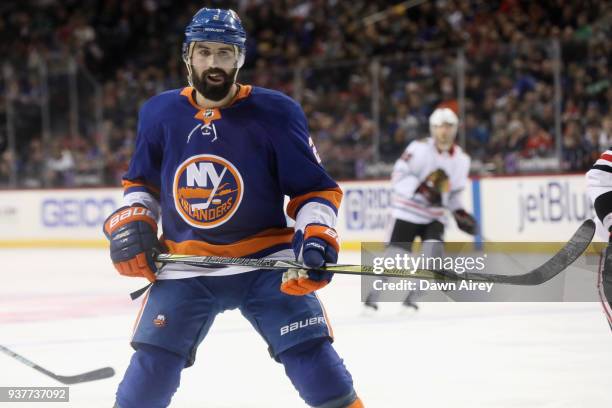 Nick Leddy of the New York Islanders skates against the Chicago Blackhawks at the Barclays Center on March 24, 2018 in the Brooklyn borough of New...