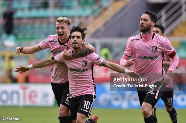 Igor Coronado of Palermo celebrates after scoring his team's fourth goal during the serie B match between US Citta di Palermo and Carpi FC at Stadio...