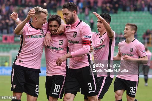 Igor Coronado of Palermo celebrates after scoring his team's fourth goal during the serie B match between US Citta di Palermo and Carpi FC at Stadio...