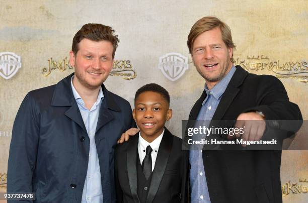 Dennis Gansel, Solomon Gordon and Henning Baum attend the premiere of 'Jim Knopf und Lukas der Lokomotivfuehrer' at Mathaeser Filmpalast on March 25,...