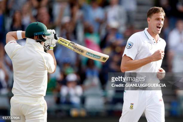 South African bowler Morne Morkel celebrates the dismissal of Australian batsman Steven Smith during the fourth day of the third Test cricket match...