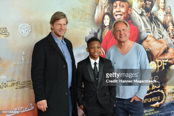 Henning Baum, Solomon Gordon and Uwe Ochsenknecht attend the premiere of 'Jim Knopf und Lukas der Lokomotivfuehrer' at Mathaeser Filmpalast on March...