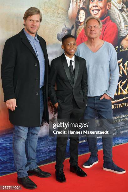 Henning Baum, Solomon Gordon and Uwe Ochsenknecht attend the premiere of 'Jim Knopf und Lukas der Lokomotivfuehrer' at Mathaeser Filmpalast on March...