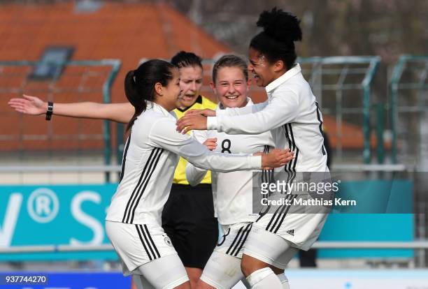 Shekiera Martinez of Germany jubilates with team mates after scoring the second goal during the UEFA U17 Girl's European Championship Qualifier match...