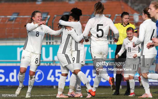 Shekiera Martinez of Germany jubilates with team mates after scoring the second goal during the UEFA U17 Girl's European Championship Qualifier match...