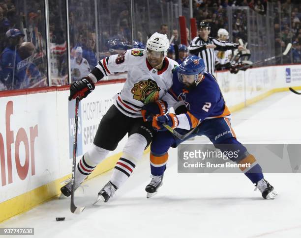Andreas Martinsen of the Chicago Blackhawks skates against the New York Islanders at the Barclays Center on March 24, 2018 in the Brooklyn borough of...