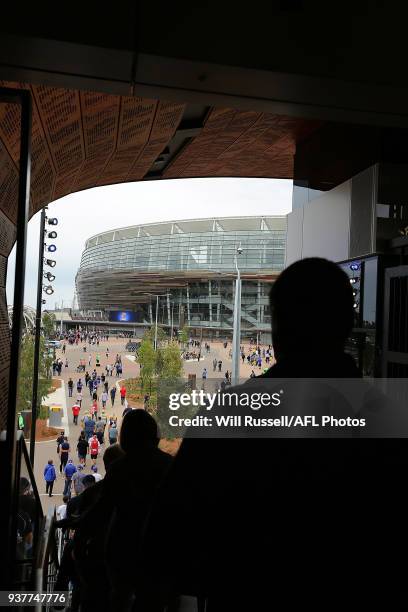 Supporters arrive by train before the round one AFL match between the West Coast Eagles and the Sydney Swans at Optus Stadium on March 25, 2018 in...