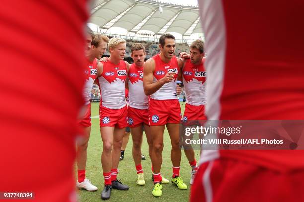 Josh Kennedy of the Swans speaks to the huddle at the start of the game during the round one AFL match between the West Coast Eagles and the Sydney...