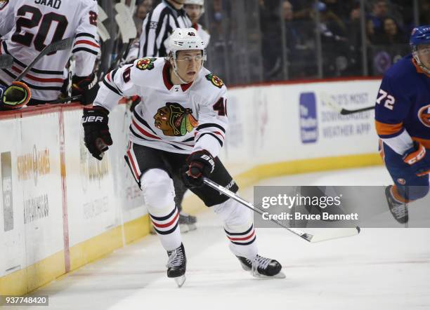John Hayden of the Chicago Blackhawks skates against the New York Islanders at the Barclays Center on March 24, 2018 in the Brooklyn borough of New...