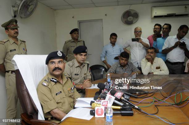 Meerut zone, Prashant Kumar and SSP, Dr. Ajay Pal Sharma, addressing the media after two encounters in Greater Noida that left one criminal dead and...