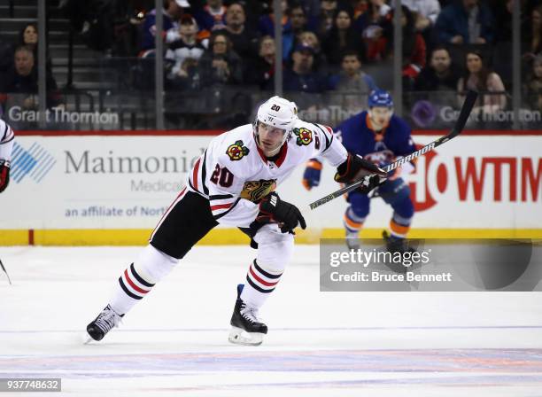 Brandon Saad of the Chicago Blackhawks skates against the New York Islanders at the Barclays Center on March 24, 2018 in the Brooklyn borough of New...