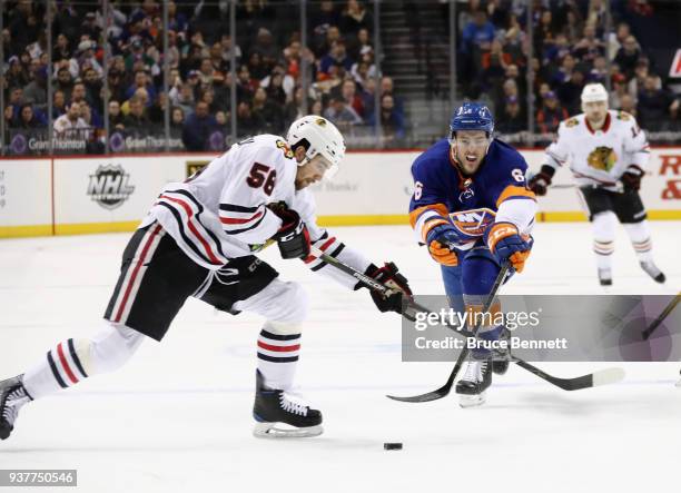 Ryan Pulock of the New York Islanders skates against the Chicago Blackhawks at the Barclays Center on March 24, 2018 in the Brooklyn borough of New...