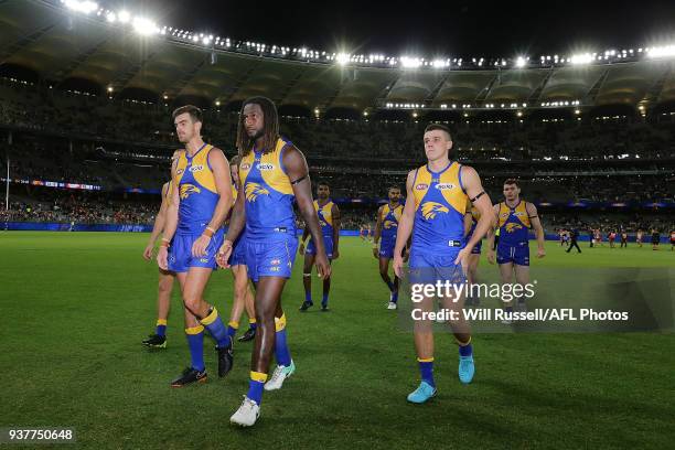 The Eagles leave the field after the teams defeat during the round one AFL match between the West Coast Eagles and the Sydney Swans at Optus Stadium...