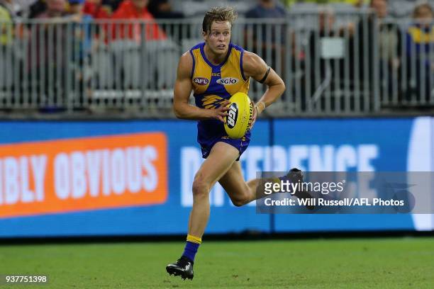 Jackson Nelson of the Eagles runs with the ball during the round one AFL match between the West Coast Eagles and the Sydney Swans at Optus Stadium on...