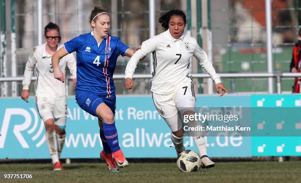 Gia Corley of Germany battles for the ball with Inga Laufey Augustsdottir of Iceland during the UEFA U17 Girl's European Championship Qualifier match...