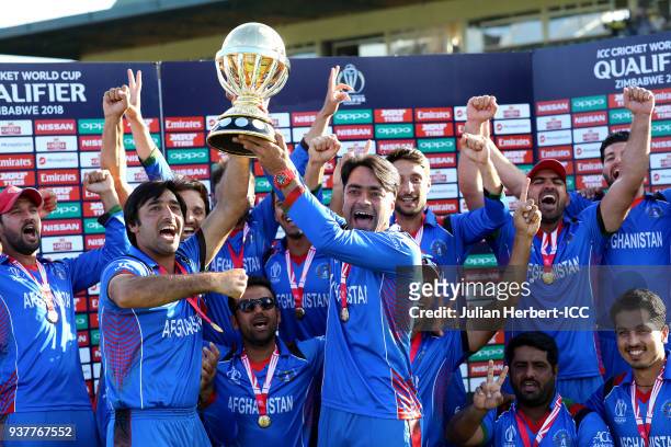 The victorious Afghanistan team after winning The ICC Cricket World Cup Qualifier Final between The West Indies and Afghanistan at The Harare Sports...