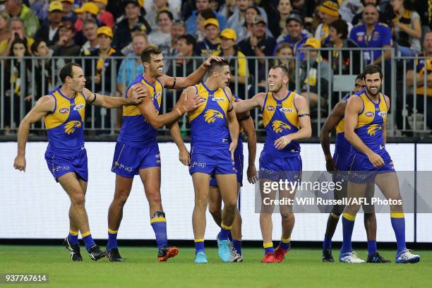 Jake Waterman of the Eagles celebrates after scoring his first afl goal during the round one AFL match between the West Coast Eagles and the Sydney...
