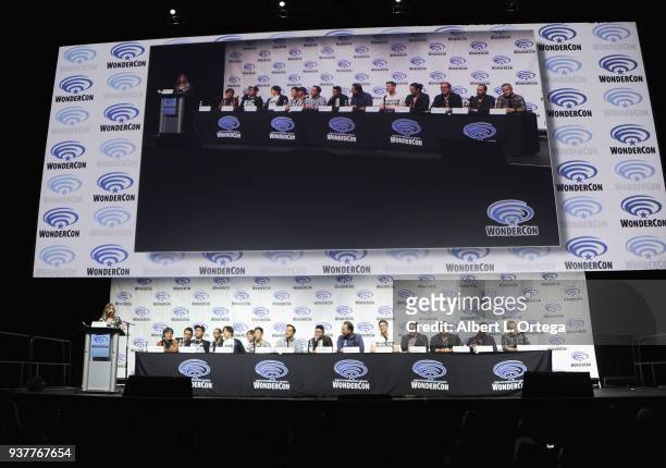 Cast and crew of Warner Bros. 'Batman Ninja' on stage on Day 2 of Wonder Con 2018 held at Anaheim Convention Center on March 24, 2018 in Anaheim,...