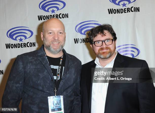 Screenwriter Zak Penn and author Ernest Cline promote Warner Bros. "Ready Player One" Day 2 of Wonder Con 2018 held at Anaheim Convention Center on...