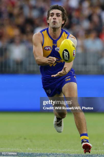 Andrew Gaff of the Eagles handpasses the ball during the round one AFL match between the West Coast Eagles and the Sydney Swans at Optus Stadium on...