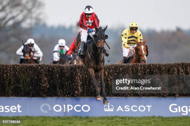 Tom Scudamore riding Rathlin Rose clear the last to win The Grandnational.Fans Veterans' Handicap Steeple Chase at Ascot racecourse on March 25, 2018...