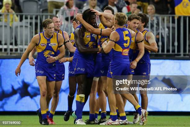 Nic Naitanui of the Eagles celebrates after scoring a goal during the round one AFL match between the West Coast Eagles and the Sydney Swans at Optus...