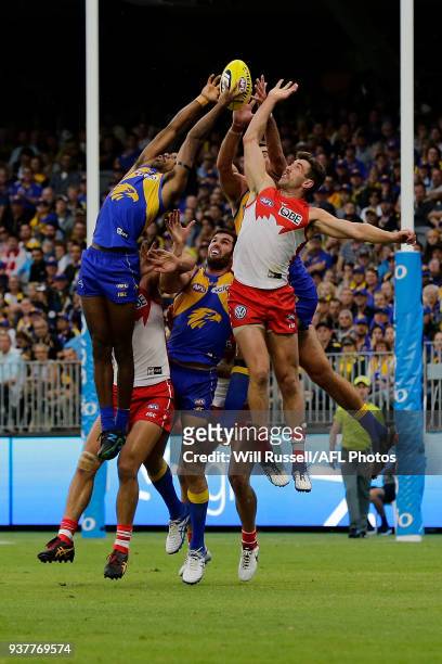 Liam Ryan of the Eagles takes an overhead mark during the round one AFL match between the West Coast Eagles and the Sydney Swans at Optus Stadium on...
