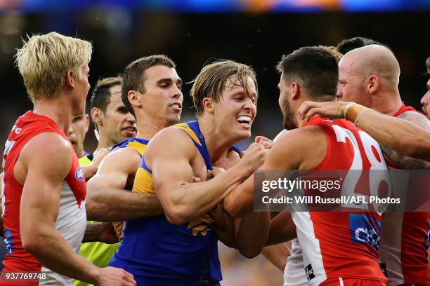Jackson Nelson of the Eagles is involved in a melee during the round one AFL match between the West Coast Eagles and the Sydney Swans at Optus...