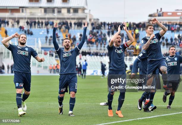 Michele Castagnetti, Francesco Caputo, Manuel Pasqual and Giovanni Di Lorenzo of Empoli FC celebrate the victory after the serie B match between...