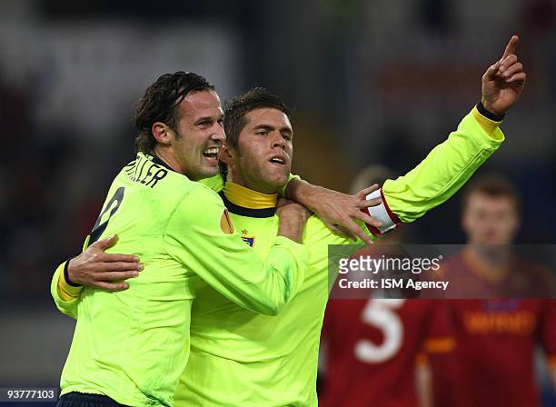 Benjamin Huggel and Marco Streller of FC Basel 1893 celebrate the opening goal during the UEFA Europa League group E match between AS Roma and FC...